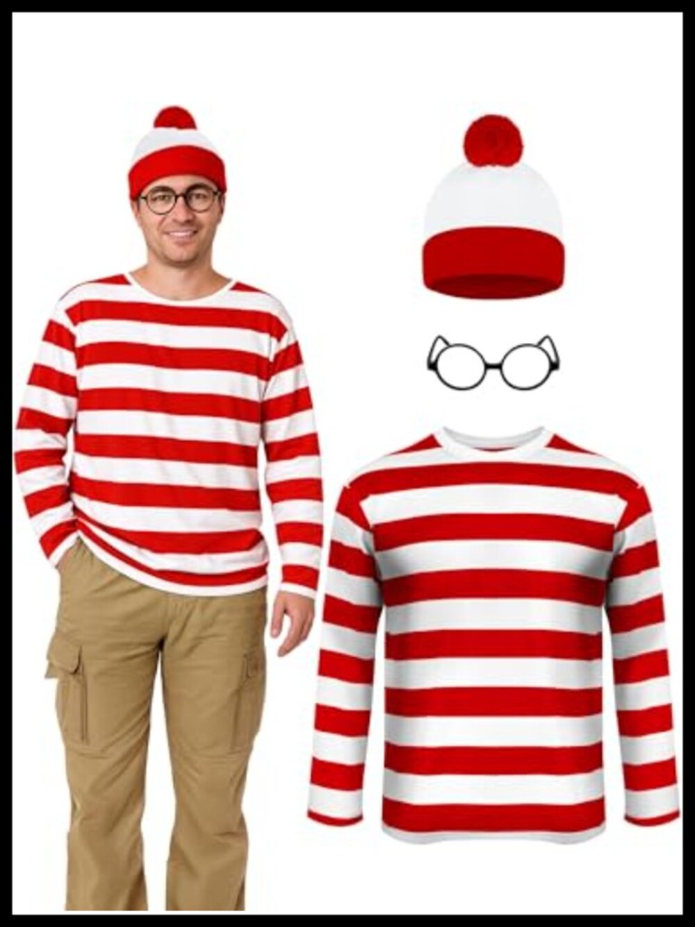 Halloween Costume Set Striped Shirt Hat Glasses Cosplay Adult Long Sleeve
